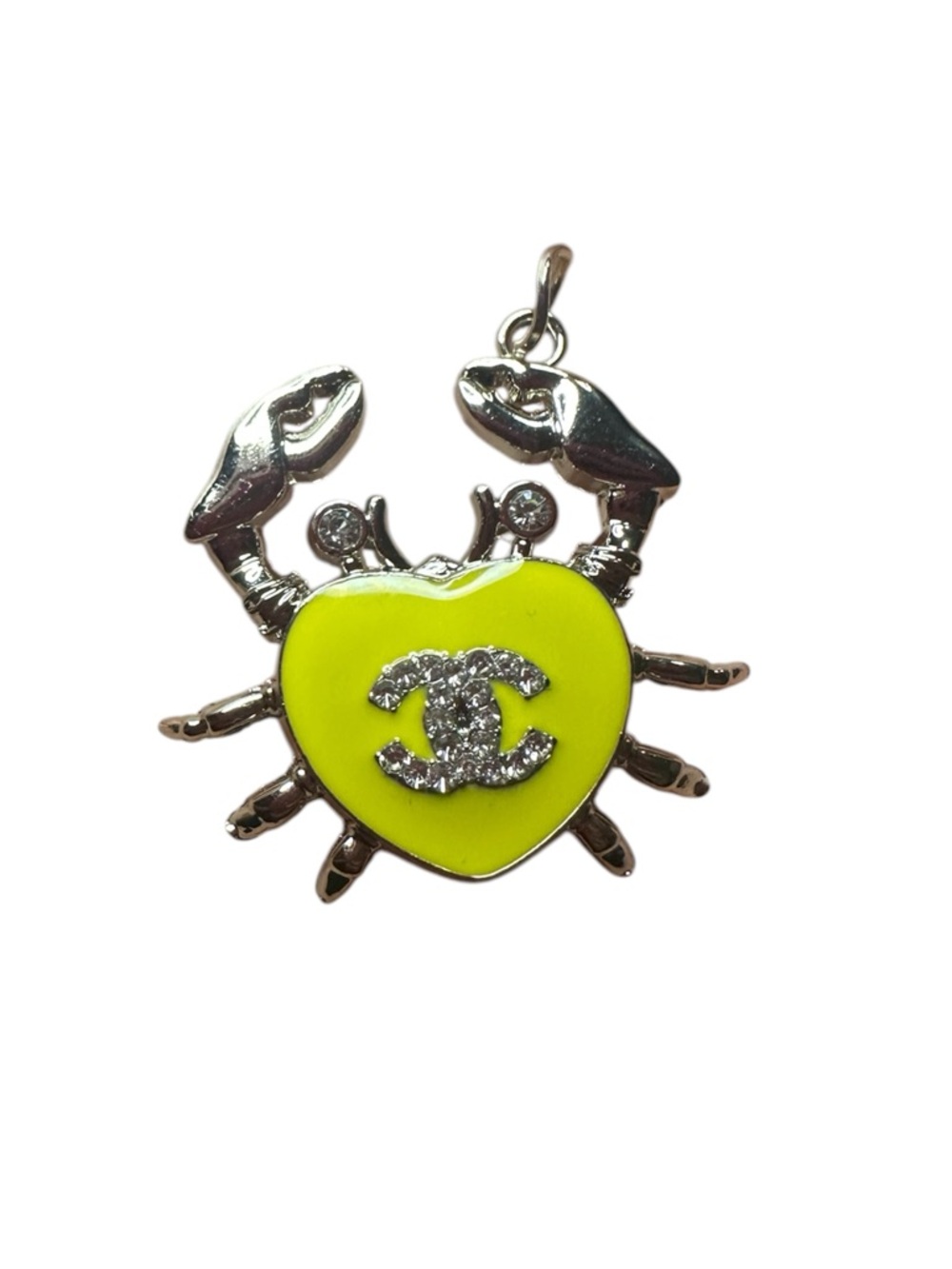 CHANEL Neon Yellow Enamel Heart Crab Zipper Pull with Crystal CC